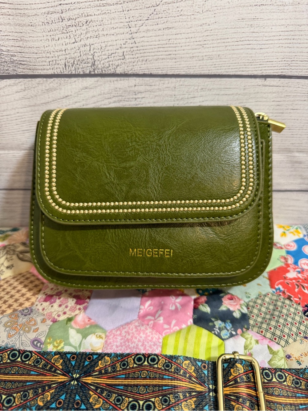 Olive Green Crossbody Bag with Gold Accents